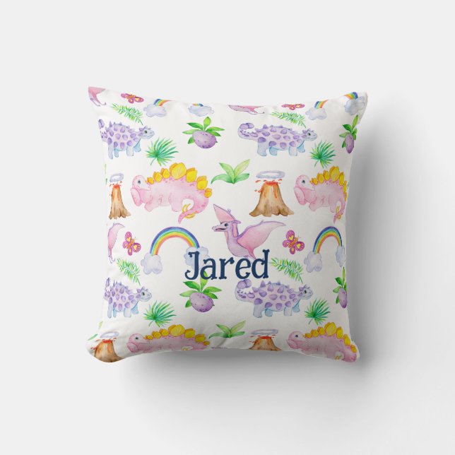Cute Dinosaur Rainbow Watercolor Kids Jungle Throw Pillow (Front)