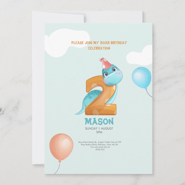 cute dinosaur rawr 2nd birthday kids invitation (Front)