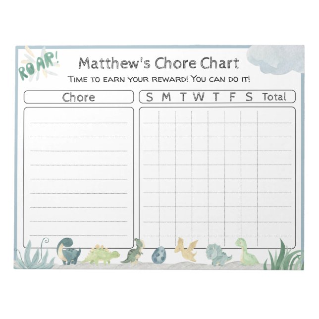 Cute Dinosaur Reward Chart Personalized Tear Away  Notepad (Front)