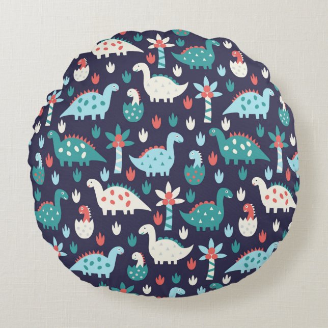 Cute dinosaur seamless pattern round pillow (Front)