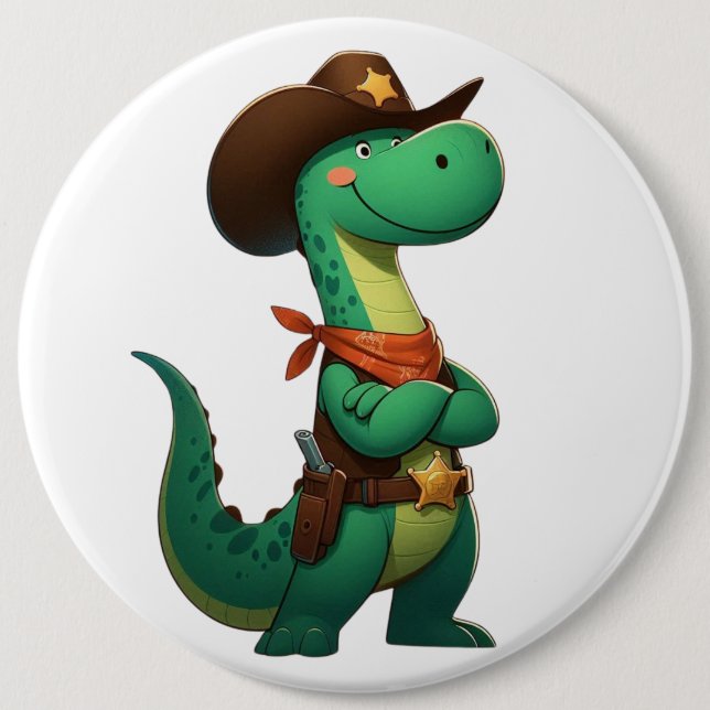 Cute dinosaur sheriff/cowboy  6 inch round button (Front)