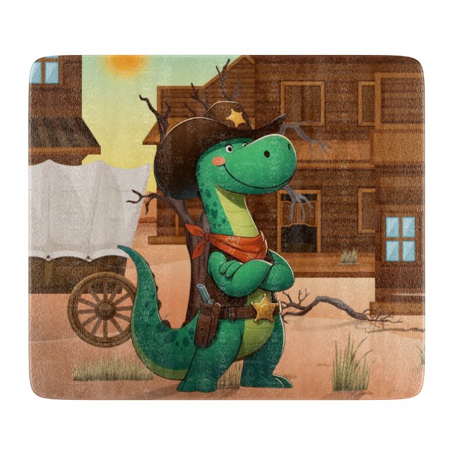 Cute dinosaur sheriff/cowboy  cutting board (Front)