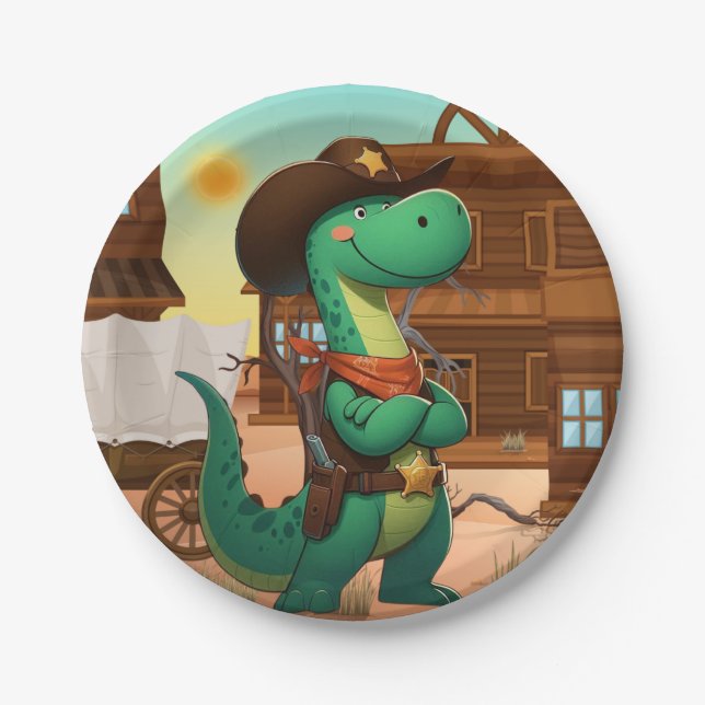 Cute dinosaur sheriff/cowboy  paper plate (Front)