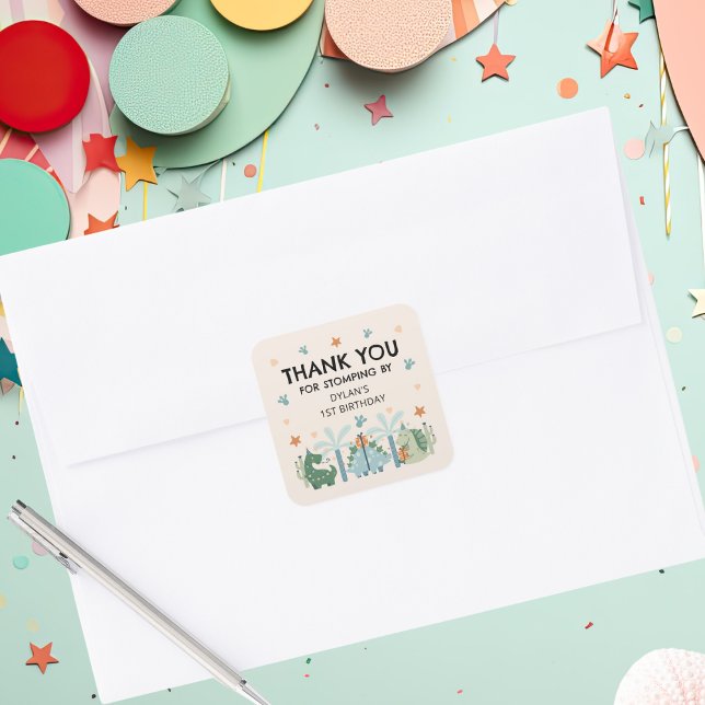 Cute Dinosaur Stomp Birthday Party Thank You Square Sticker (Creator Uploaded)