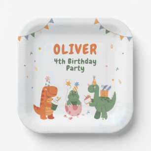 Cute Dinosaur T-rex 4th Birthday Paper Plates