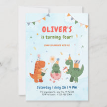 cute dinosaur t-rex kids 4th Birthday Invitation