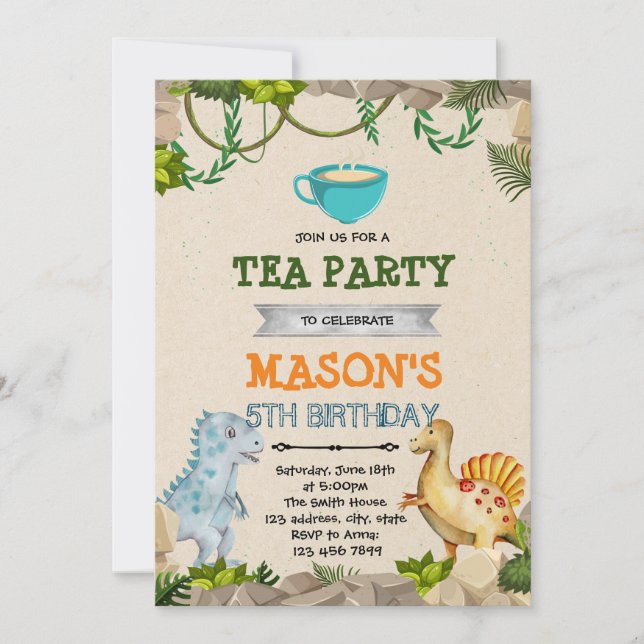 Cute dinosaur tea party invitation (Front)