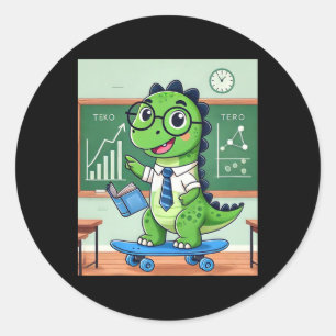 Cute Dinosaur Teacher Skateboarding In The Clroom  Classic Round Sticker