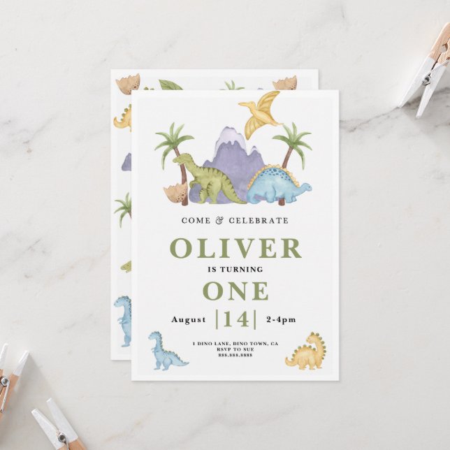 Cute Dinosaur Theme Birthday Invitation  (Front/Back In Situ)