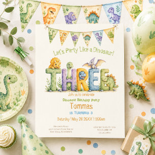 Cute Dinosaur Themed 3 Birthday Party  Invitation