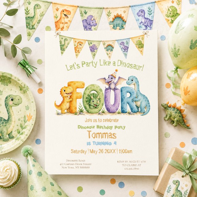 Cute Dinosaur Themed 4 Birthday Invitation (Creator Uploaded)