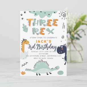 Cute Dinosaur Three Rex Birthday Party Invitation