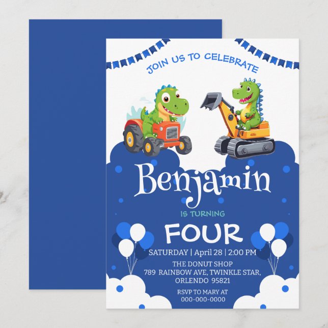 Cute dinosaur tractor dig truck balloon Birthday  (Front/Back)