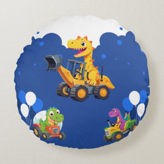 Cute dinosaur tractor dig truck balloon Birthday  Round Pillow