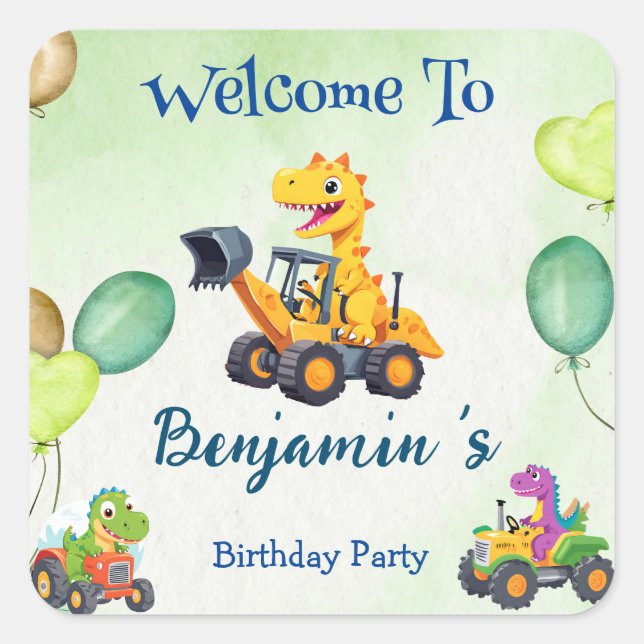 Cute dinosaur tractor dig truck balloon Birthday  Square Sticker (Front)