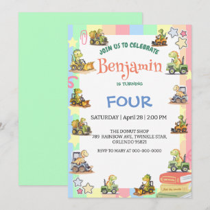Cute dinosaur tractor Rainbow B2S School Birthday  Invitation