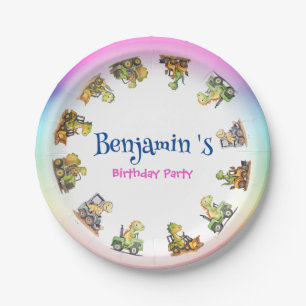Cute dinosaur tractor Rainbow B2S School Birthday Paper Plate