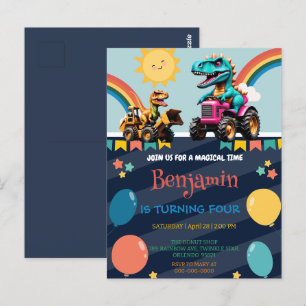 Cute dinosaur tractor Rainbow balloon Birthday Boy Postcard