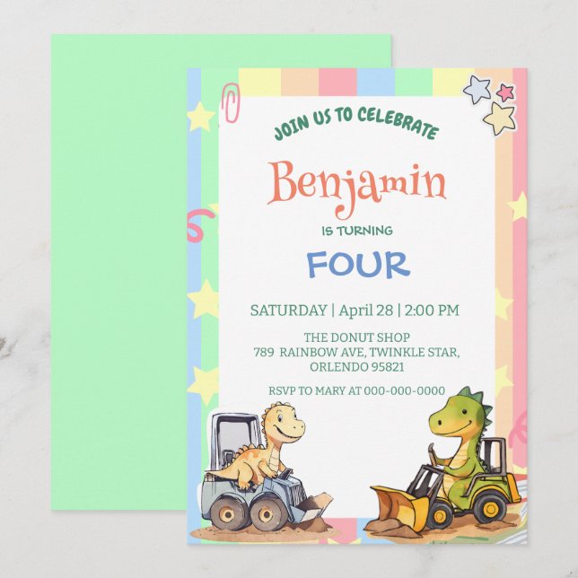 Cute dinosaur tractor Rainbow balloon Birthday  Invitation (Front/Back)