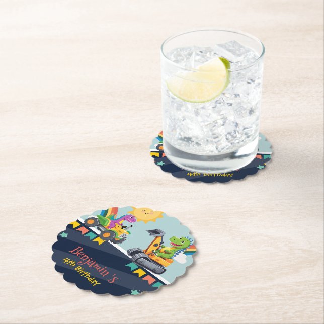 Cute dinosaur tractor truck Rainbow balloon HBD Paper Coaster (Insitu)