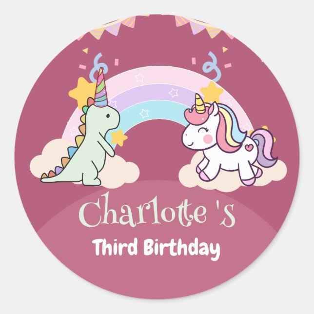 Cute Dinosaur Unicorn rainbow Balloon birthday  Classic Round Sticker (Front)