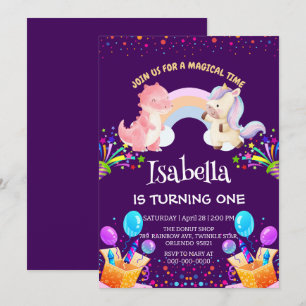 Cute Dinosaur Unicorn rainbow Balloon birthday  Invitation