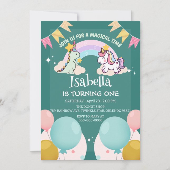 Cute Dinosaur Unicorn rainbow Balloon birthday  Invitation (Front)