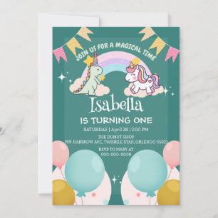 Cute Dinosaur Unicorn rainbow Balloon birthday  Invitation