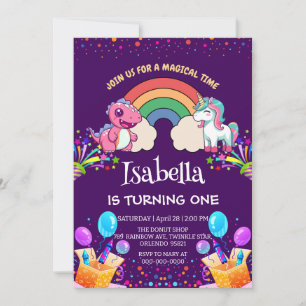 Cute Dinosaur Unicorn rainbow Balloon birthday Invitation