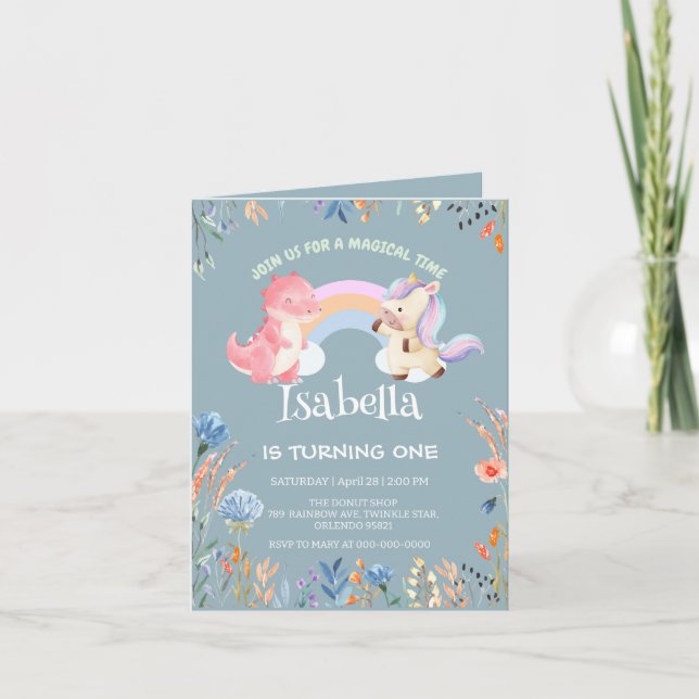 Cute Dinosaur Unicorn rainbow Balloon birthday  Invitation (Front)