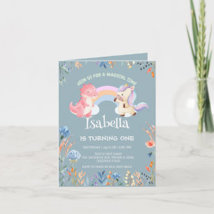 Cute Dinosaur Unicorn rainbow Balloon birthday  Invitation