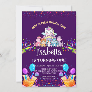 Cute Dinosaur Unicorn rainbow Balloon birthday  Invitation