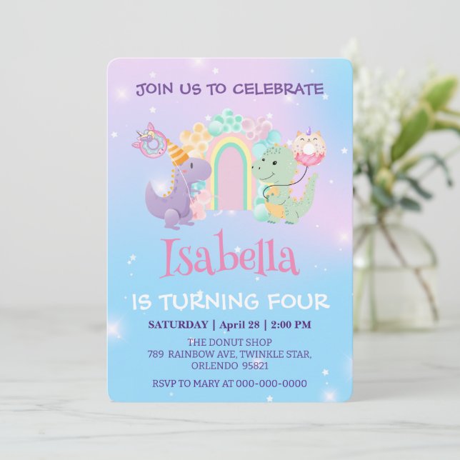 Cute Dinosaur Unicorn Rainbow balloon Birthday kid Invitation (Standing Front)