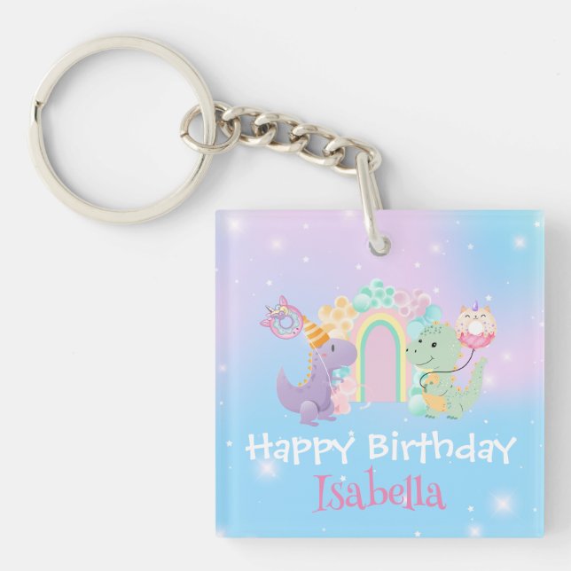 Cute Dinosaur Unicorn Rainbow balloon Birthday kid Keychain (Front)