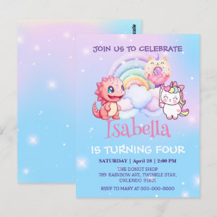 Cute Dinosaur Unicorn Rainbow balloon Birthday kid Postcard