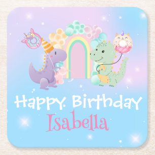 Cute Dinosaur Unicorn Rainbow balloon Birthday kid Square Paper Coaster