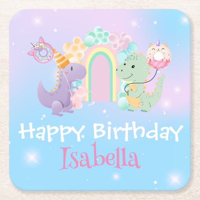 Cute Dinosaur Unicorn Rainbow balloon Birthday kid Square Paper Coaster (Front)