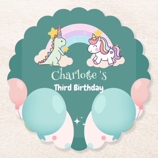 Cute Dinosaur Unicorn rainbow Balloon birthday  Paper Coaster (Front)