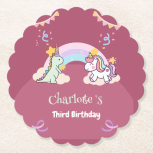 Cute Dinosaur Unicorn rainbow Balloon birthday Paper Coaster