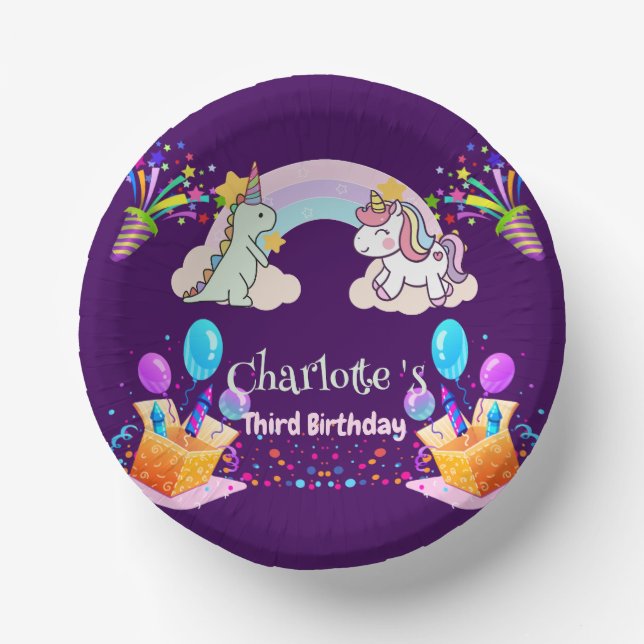 Cute Dinosaur Unicorn rainbow Balloon birthday  Paper Plate (Front)