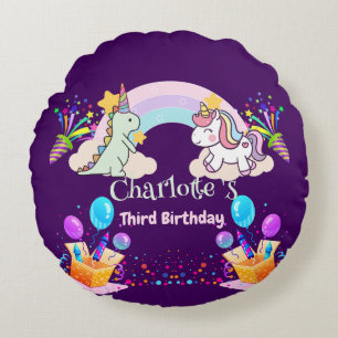 Cute Dinosaur Unicorn rainbow Balloon birthday  Round Pillow