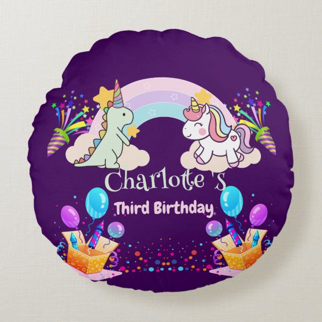 Cute Dinosaur Unicorn rainbow Balloon birthday  Round Pillow (Front)