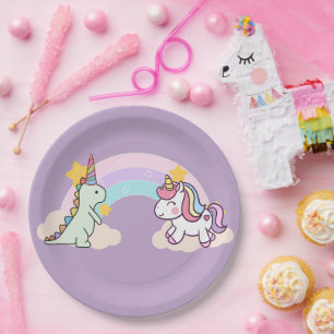 Cute Dinosaur Unicorn rainbow birthday party Paper Plate