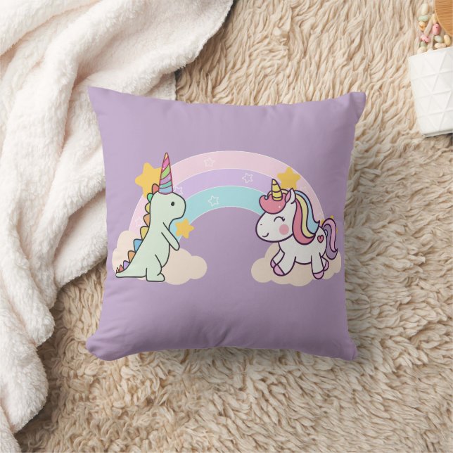 Cute Dinosaur Unicorn rainbow birthday party Throw Pillow (Blanket)