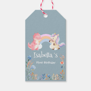 Cute Dinosaur Unicorn rainbow Floral birthday part Gift Tags