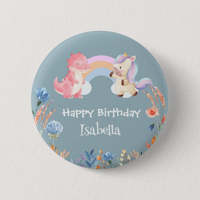 Cute Dinosaur Unicorn rainbow Flower birthday girl 2 Inch Round Button (Front)
