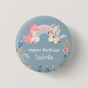 Cute Dinosaur Unicorn rainbow Flower birthday kids 1 Inch Round Button