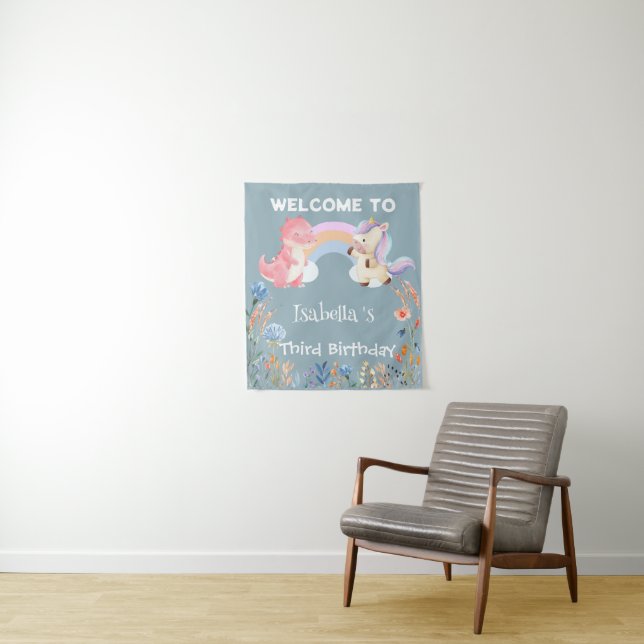 Cute Dinosaur Unicorn rainbow Flower birthday kids Tapestry (In Situ)
