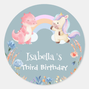 Cute Dinosaur Unicorn rainbow Flower birthday name Classic Round Sticker