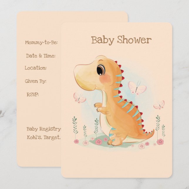 Cute Dinosaur Watercolor Baby Shower Invitation (Front/Back)